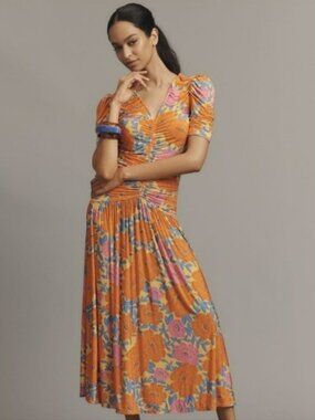 Farm Rio x Anthro Orange Pink Blue Floral Ruched Knit Maxi Dress Womens XL NEW!